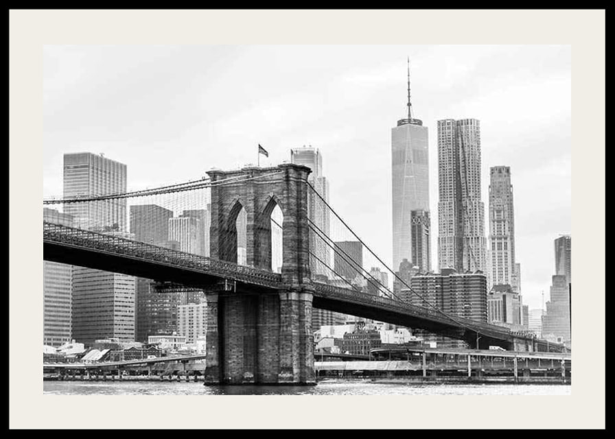 Black and white view of Brooklyn Bridge and New York skyline-12