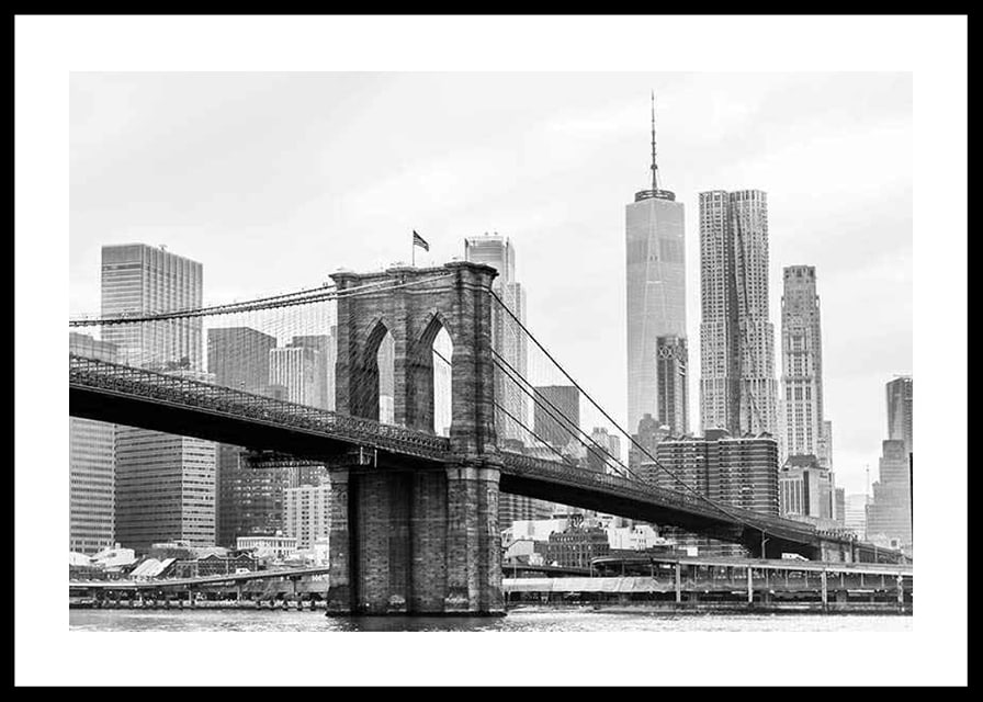 Black and white view of Brooklyn Bridge and New York skyline-12