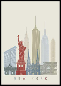Graphic illustration of New York landmarks in muted colors-0