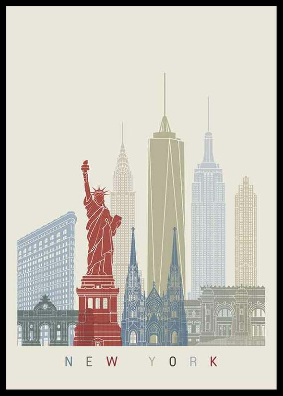 Graphic illustration of New York landmarks in muted colors-12