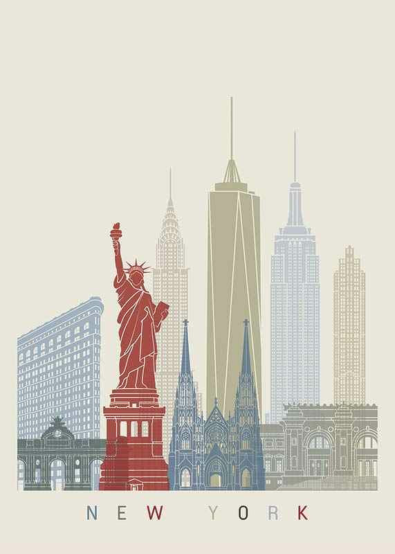 Graphic illustration of New York landmarks in muted colors-12