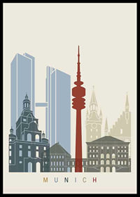 Grafisk illustration av Münchens landmärken i dova färger-0