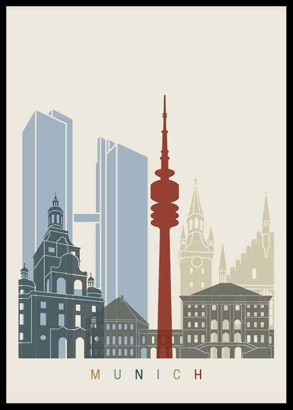 Grafisk illustration av Münchens landmärken i dova färger-12