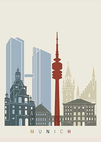 Grafisk illustration av Münchens landmärken i dova färger-1
