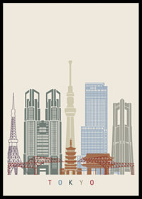 Graphic illustration of Tokyo skyline in muted colors-0