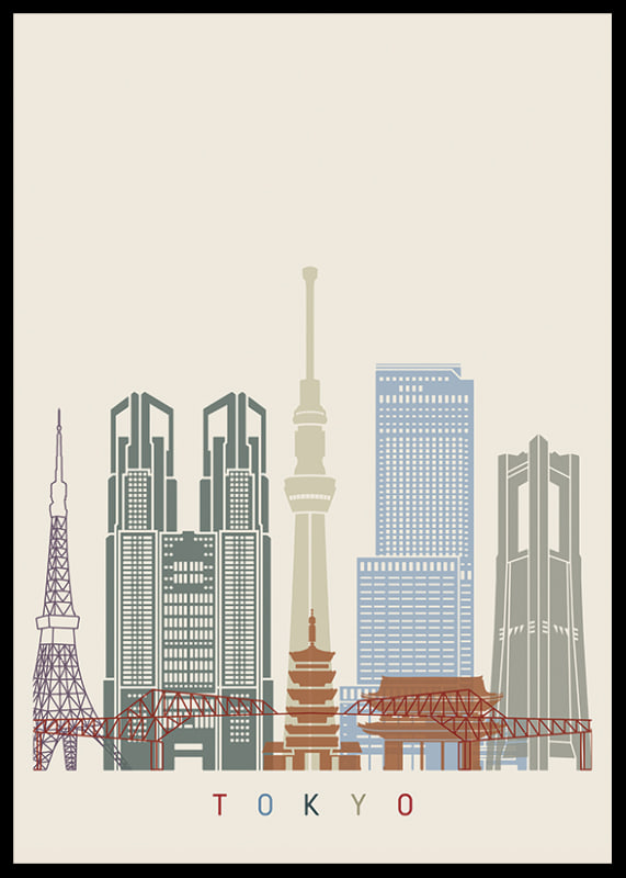 Graphic illustration of Tokyo skyline in muted colors-12