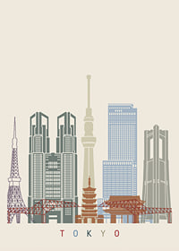 Graphic illustration of Tokyo skyline in muted colors-1