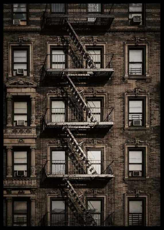 Photographic view of brick building with fire escape in New York-12