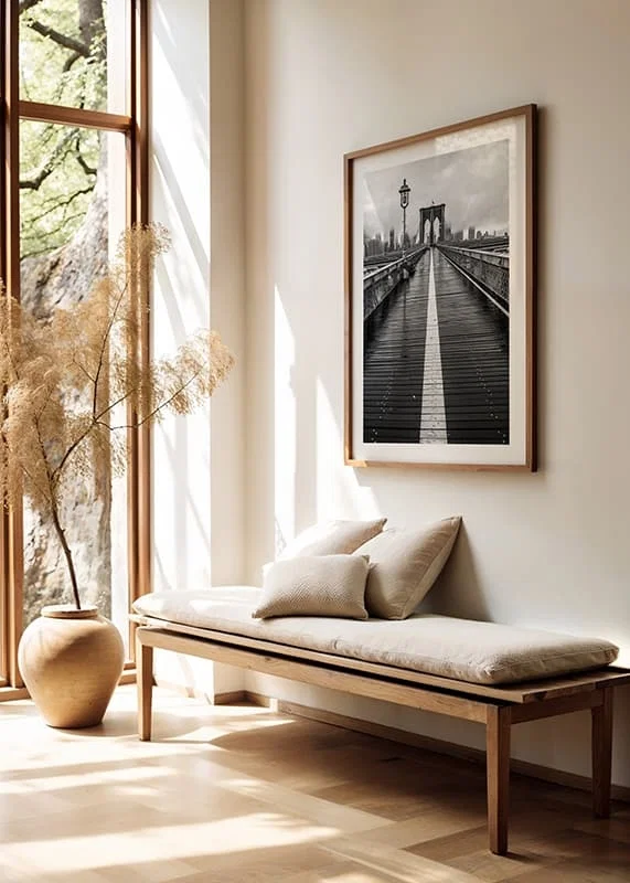 Black and white photograph of Brooklyn Bridge with wet wooden surface-12