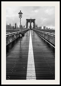 Black and white photograph of Brooklyn Bridge with wet wooden surface-2