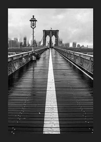 Black and white photograph of Brooklyn Bridge with wet wooden surface-5
