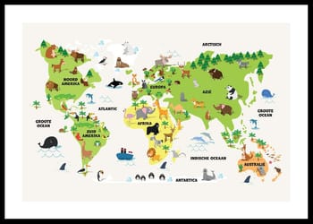 Poster Wereldkaart Met Dieren