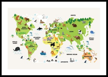 Plakat Verdenskort med dyr