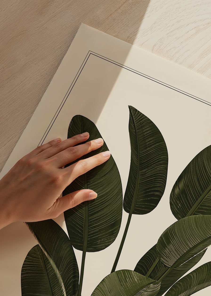 Illustration of large green strelitzia leaves against beige background-12