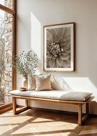 Närbild av dahliablomma i mjuka beige toner, fotografisk-8