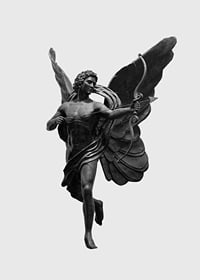 Black and white close-up of Eros statue with bow and wings-7