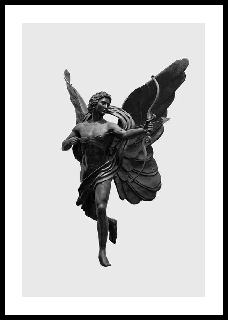 Black and white close-up of Eros statue with bow and wings-12