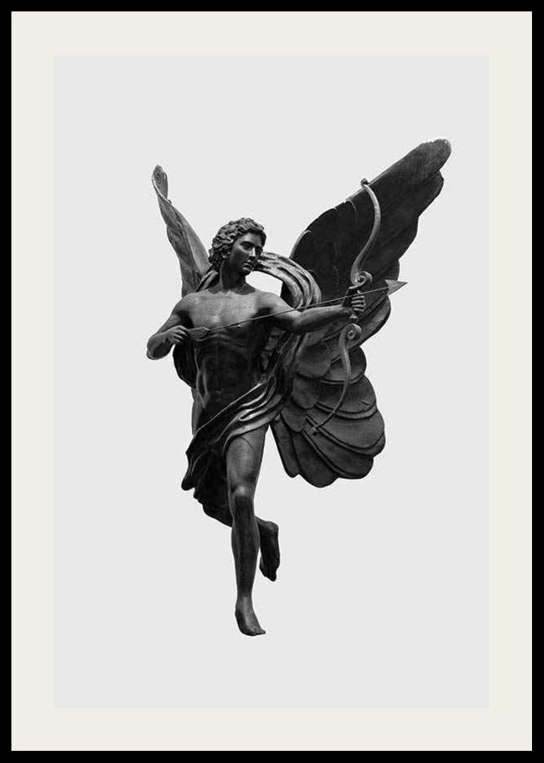 Black and white close-up of Eros statue with bow and wings-12