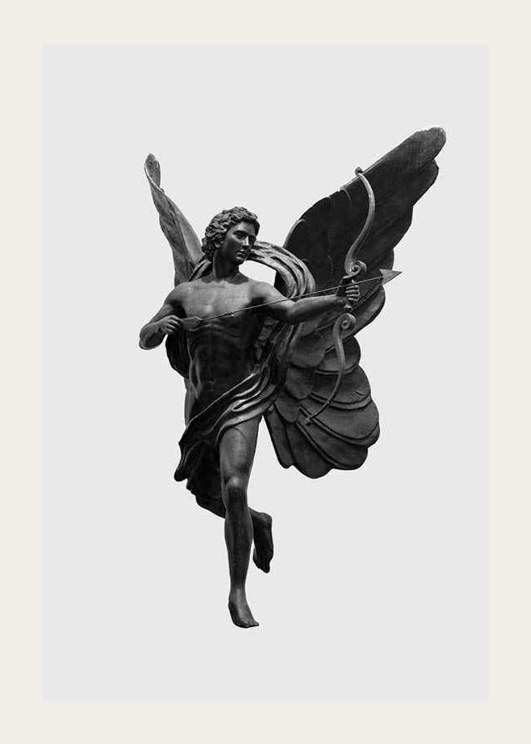Black and white close-up of Eros statue with bow and wings-12