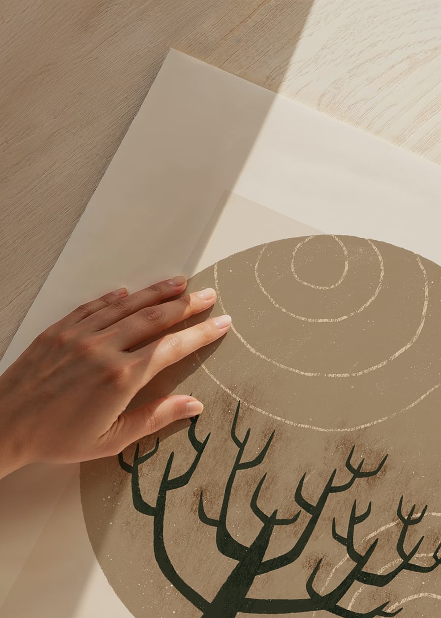 Abstrakt träd i mörka toner mot beige cirkulär bakgrund-12