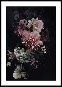 Fotóvirágcsokor lágy rózsaszín és fehér árnyalatokkal, fekete háttér előtt-2