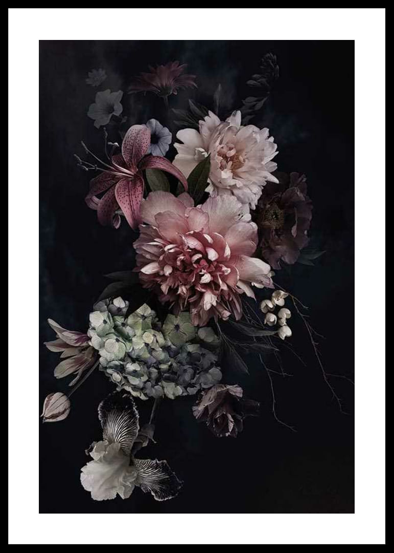 Fotóvirágcsokor lágy rózsaszín és fehér árnyalatokkal, fekete háttér előtt-12