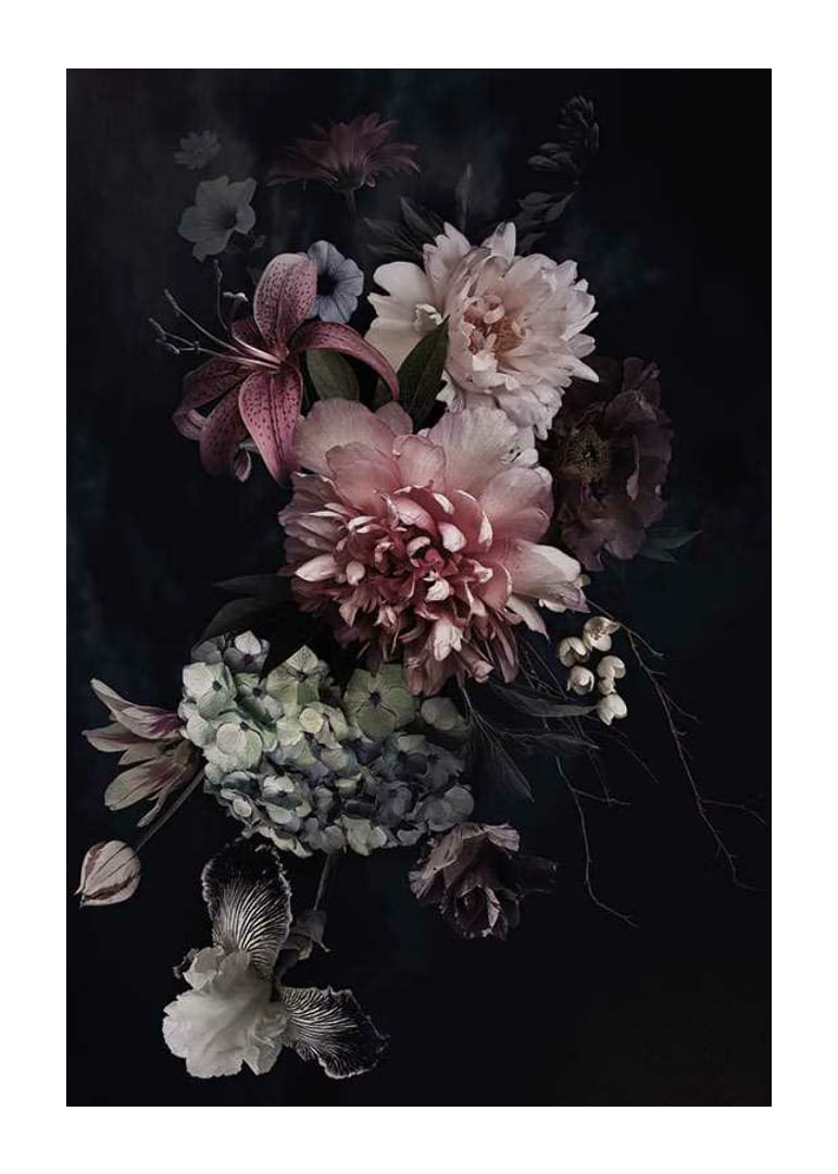 Fotóvirágcsokor lágy rózsaszín és fehér árnyalatokkal, fekete háttér előtt-12