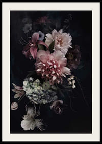 Fotóvirágcsokor lágy rózsaszín és fehér árnyalatokkal, fekete háttér előtt-4