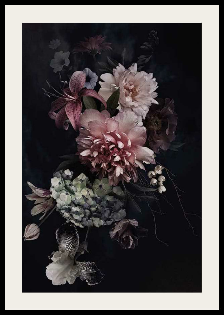 Fotóvirágcsokor lágy rózsaszín és fehér árnyalatokkal, fekete háttér előtt-12