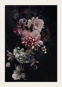 Fotóvirágcsokor lágy rózsaszín és fehér árnyalatokkal, fekete háttér előtt-5