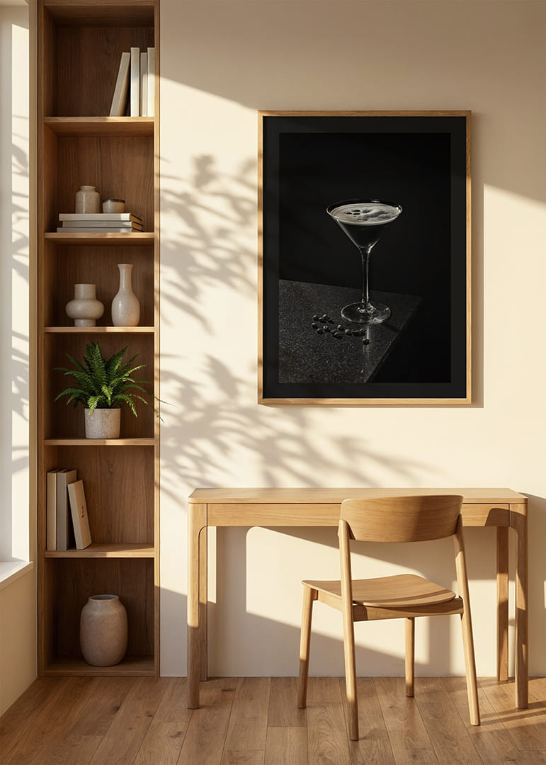 Foto in bianco e nero di un Espresso Martini in un bicchiere da cocktail con chicchi di caffè-12