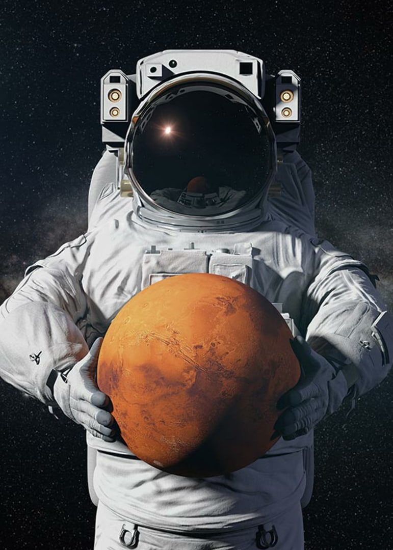 Kuvitettu astronautti pitelee Marsia tähtien täyttämää avaruutta vasten-12