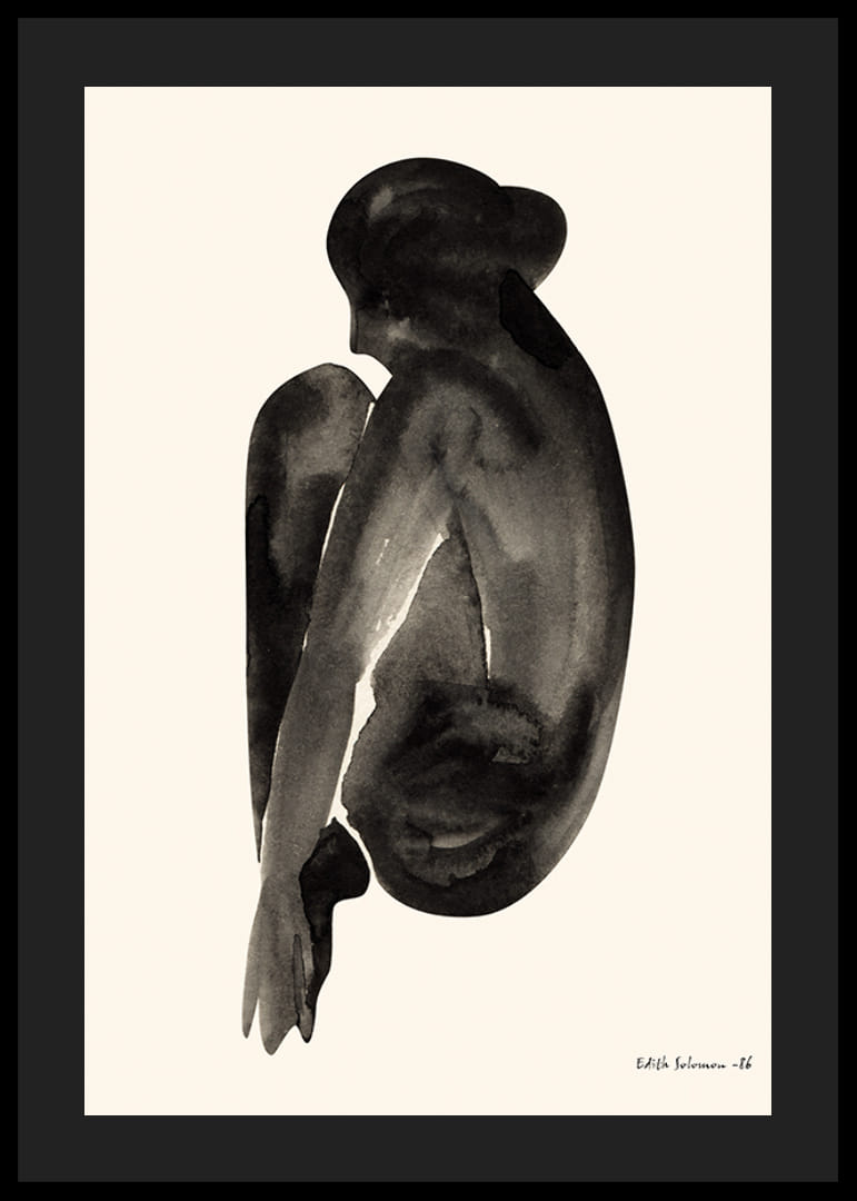 Akvarel af siddende kvinde i sort på lys baggrund-12