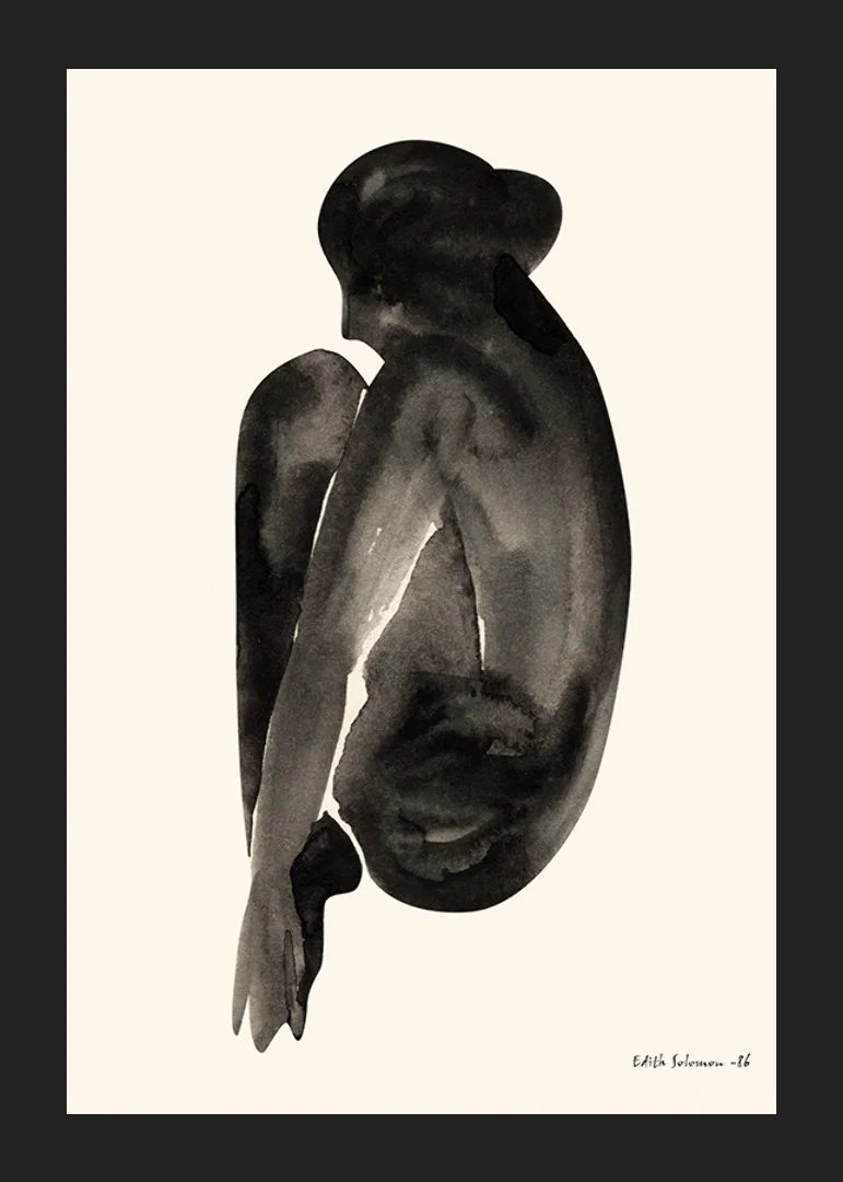 Watercolor of sitting woman in black on light background-12