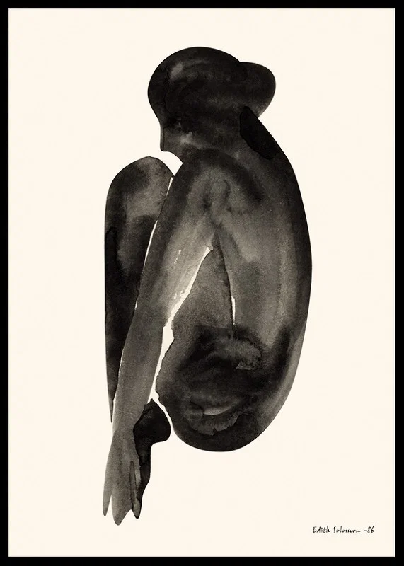 Watercolor of sitting woman in black on light background-12