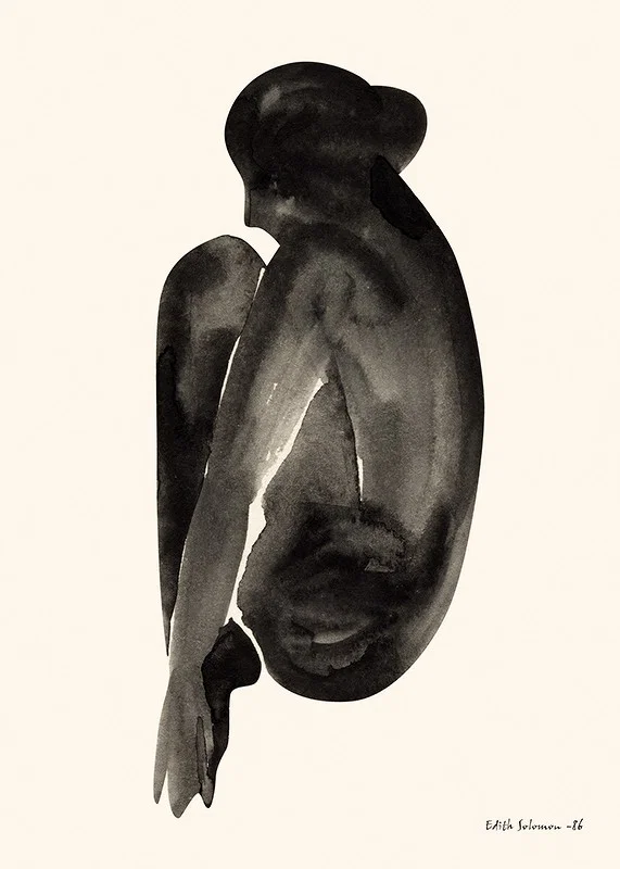 Watercolor of sitting woman in black on light background-12