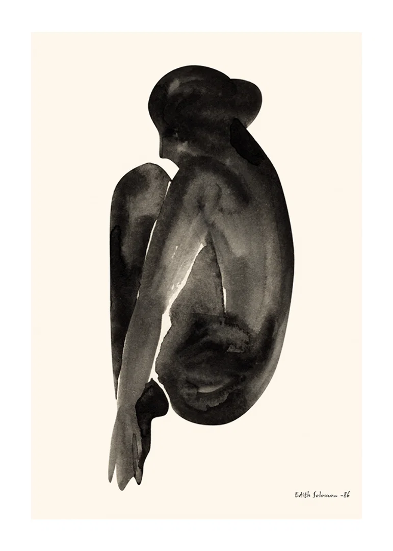 Watercolor of sitting woman in black on light background-12