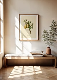 Botanical illustration of two yellow pears on branch against beige-8