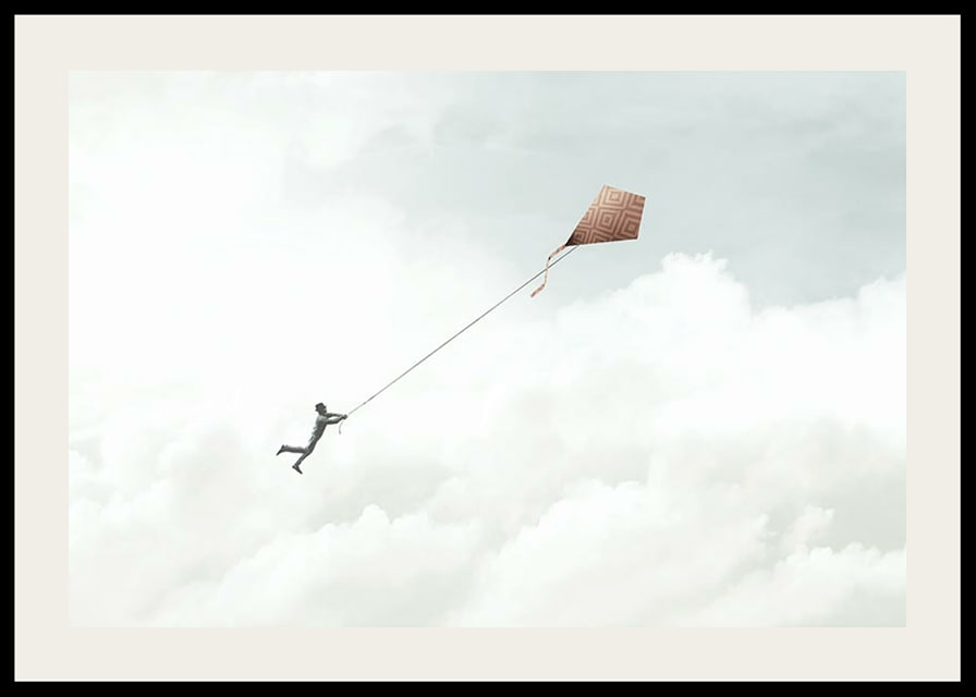 Illustration of man flying with kite among bright clouds-12