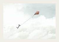 Illustration of man flying with kite among bright clouds-3