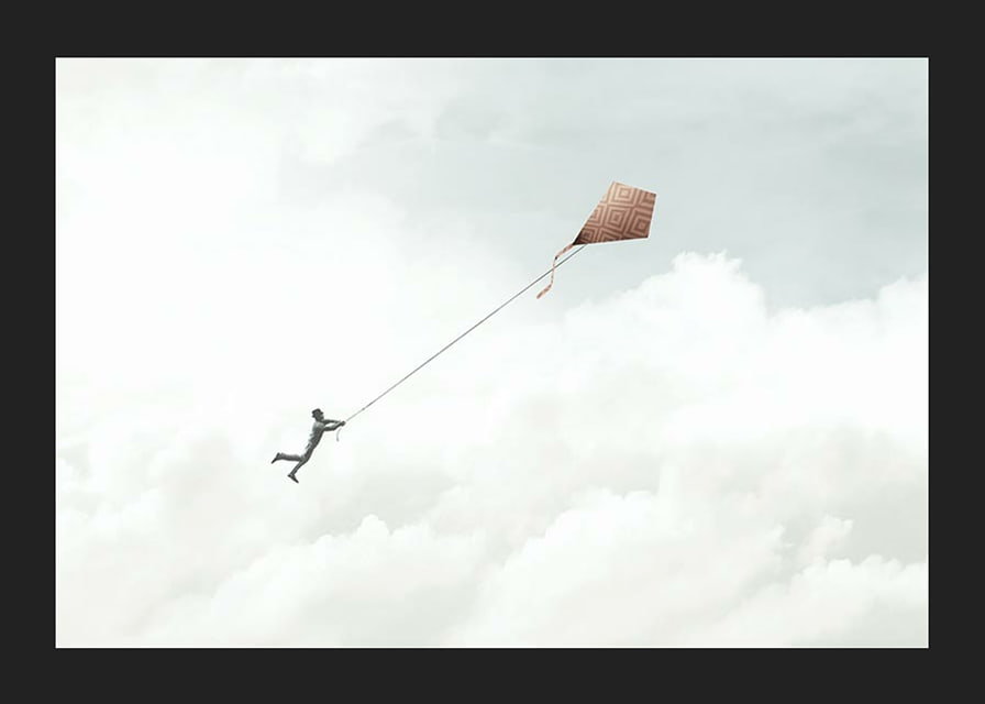 Illustration of man flying with kite among bright clouds-12