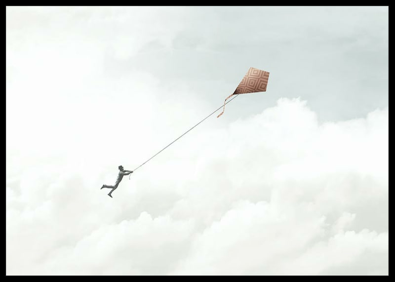 Illustration of man flying with kite among bright clouds-12