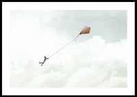 Illustration of man flying with kite among bright clouds-0