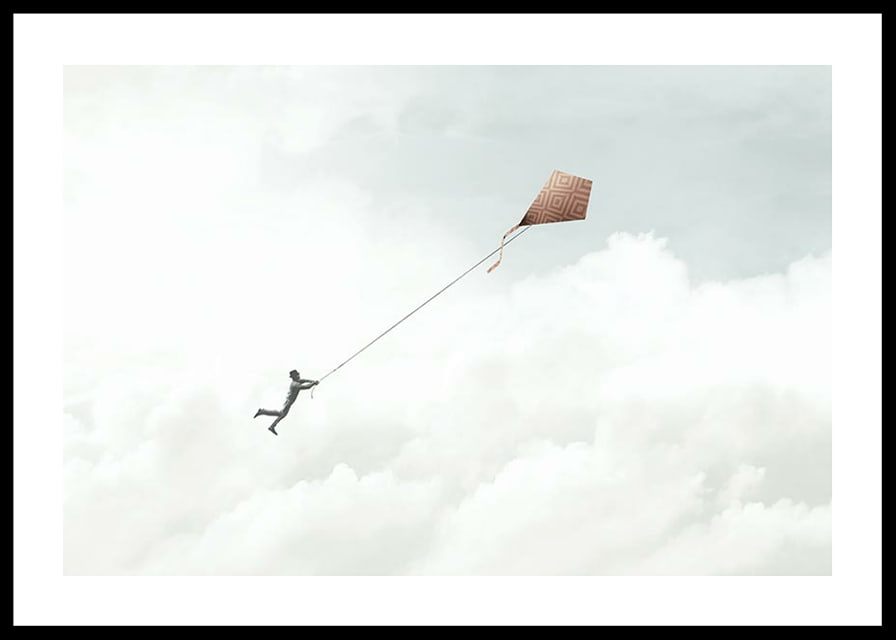 Illustration of man flying with kite among bright clouds-12