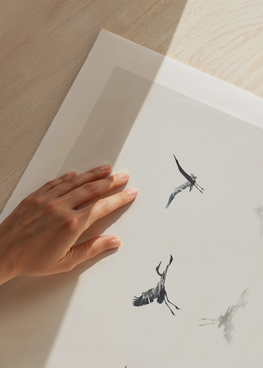 Illustration av fågel som lyfter från vatten i grå toner-12