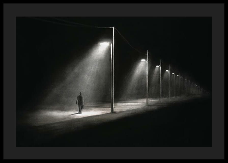 Illustration eines einsamen Mannes unter Straßenlaternen in dunkler Nachtlandschaft-12