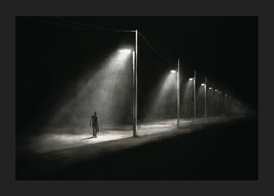 Illustration eines einsamen Mannes unter Straßenlaternen in dunkler Nachtlandschaft-12