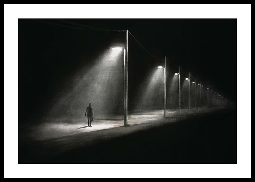 Illustration of lonely man under street lights in dark night landscape-12