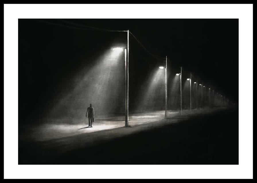 Illustration eines einsamen Mannes unter Straßenlaternen in dunkler Nachtlandschaft-12