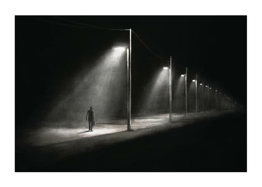 Illustration eines einsamen Mannes unter Straßenlaternen in dunkler Nachtlandschaft-12